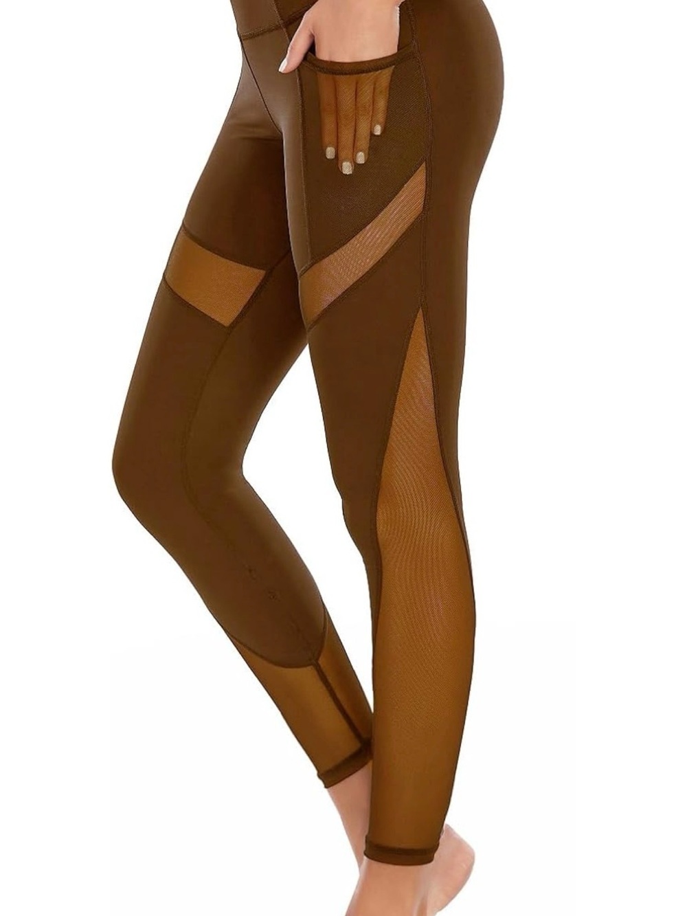 High-Rise Brown Mesh Inset Active Leggings